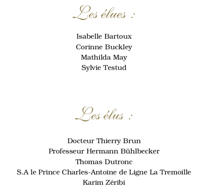 Les Elues : Isabelle Bartoux Corinne Buckley Mathilda May Sylvie TESTUD   Les Elus : Docteur Thierry Brun Professeur hermann Bühlbecker Thomas DUTRONC S.A. le Prince Charles -Antoine de Ligne La Tremoille Karim Zéribi